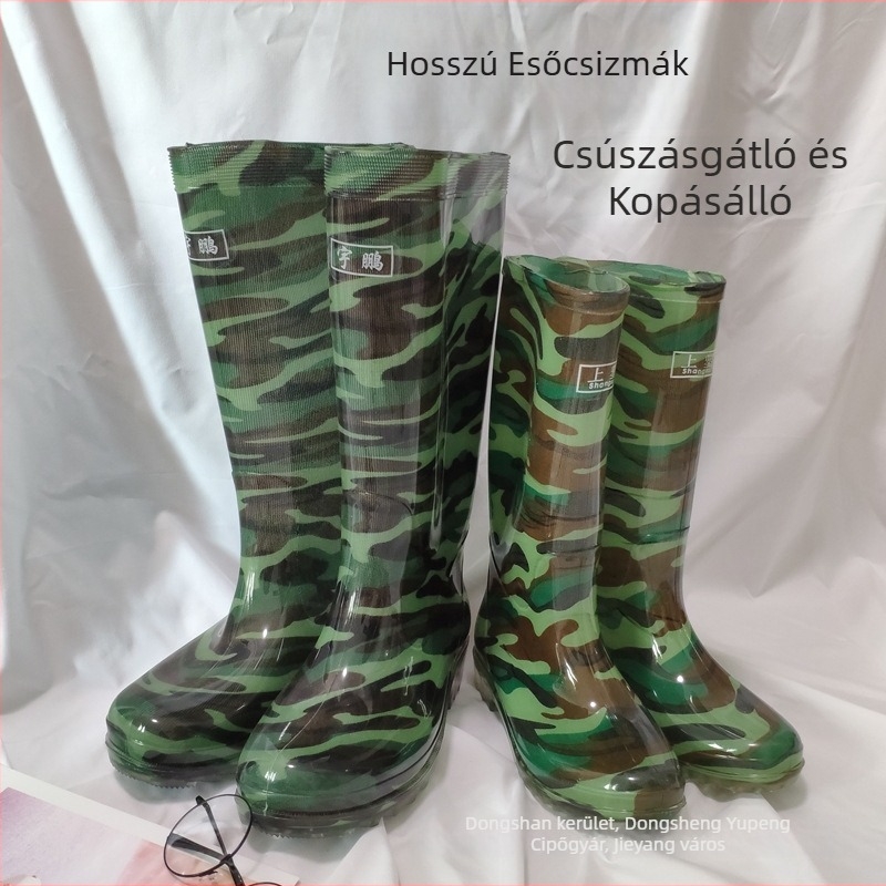 Kamuflált mintázatú, magas szárú esőcsizmák felnőtteknek, vízálló, kopásálló PVC anyagból