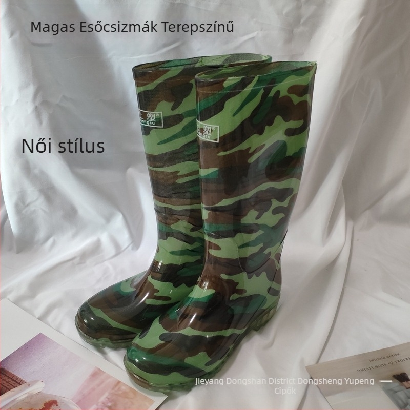Kamuflált mintázatú, magas szárú esőcsizmák felnőtteknek, vízálló, kopásálló PVC anyagból