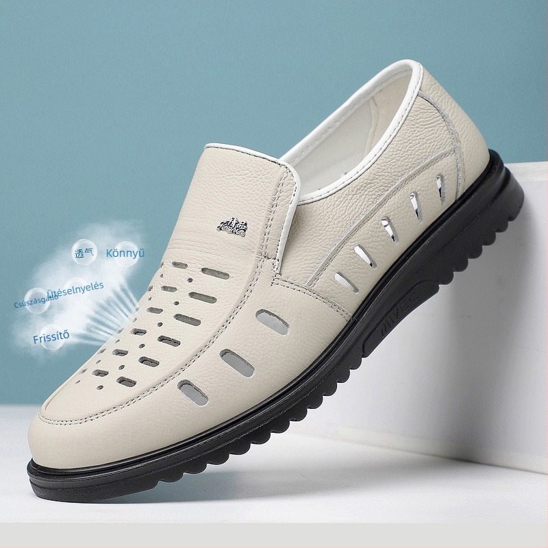 Fehér bőrszandálok férfiaknak, nyári, légáteresztő, perforált slip-on