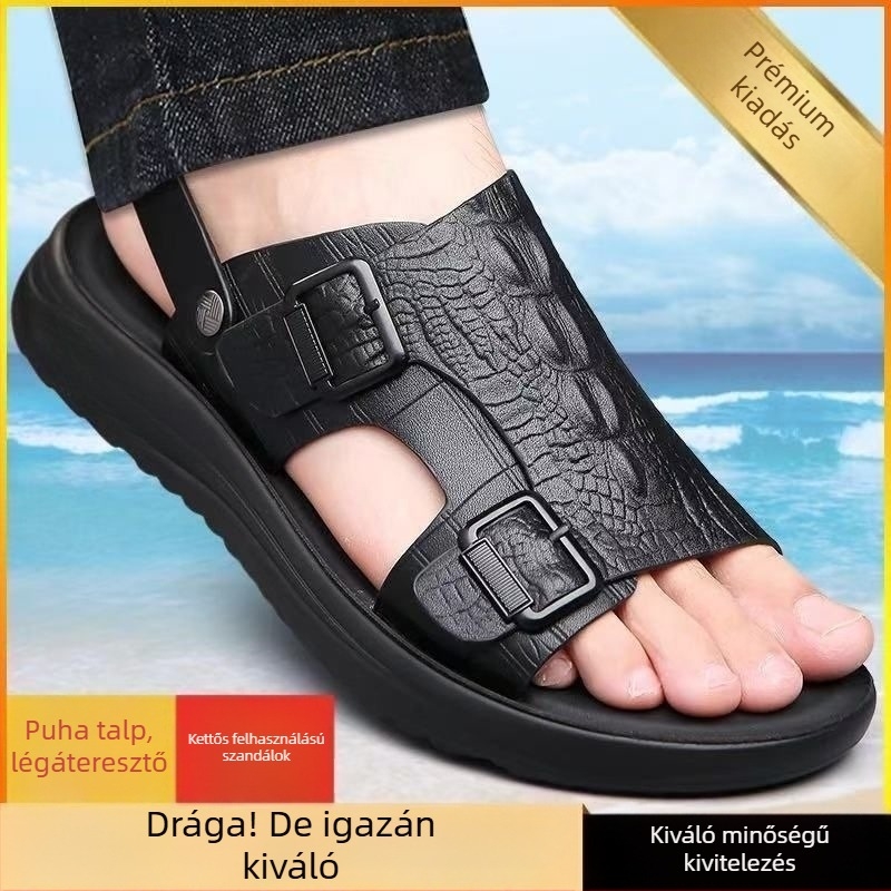 Férfiaknak szánt szarvasmarha bőrből készült szandál – nyár, puha talp, csúszásmentes, strandcipő, mindennapi és kültéri viseléshez, vastag talp