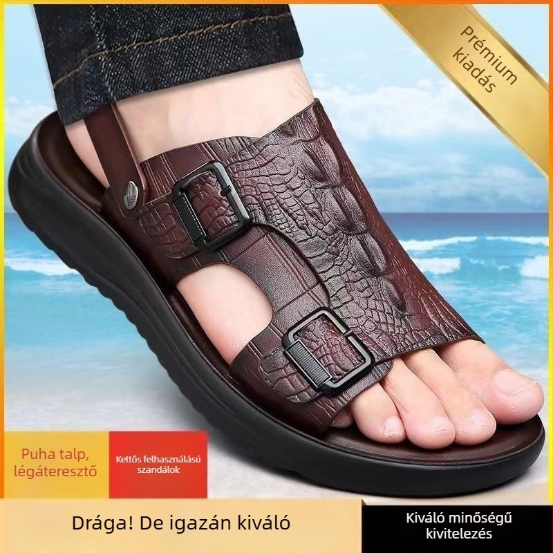 Férfiaknak szánt szarvasmarha bőrből készült szandál – nyár, puha talp, csúszásmentes, strandcipő, mindennapi és kültéri viseléshez, vastag talp