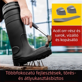 Vízálló esőcsizma acélos orral – férfiak és nők számára, csúszásmentes biztonsági munkavédelmi lábbeli építkezéshez, hosszú gumicsizma