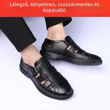 Férfi bőr szandál nyárra, felsőrész két réteg marhabőrből, Velcro-zárás, lélegző, csúszásmentes, gumitalp, PU talpbetét, belső műbőr