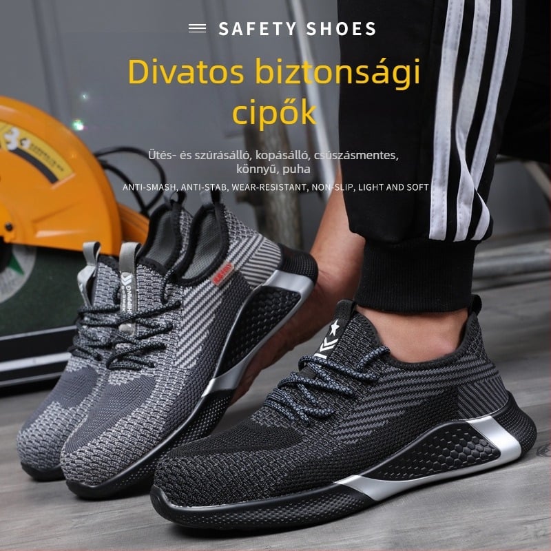 Acélorrú munkacipő, ütés- és átszúrásálló, lélegző Flyknit felsőrész, csúszásmentes talp