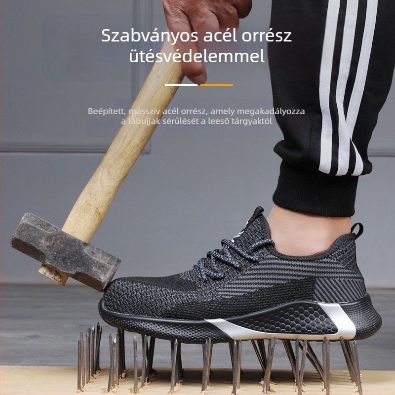 Acélorrú munkacipő, ütés- és átszúrásálló, lélegző Flyknit felsőrész, csúszásmentes talp