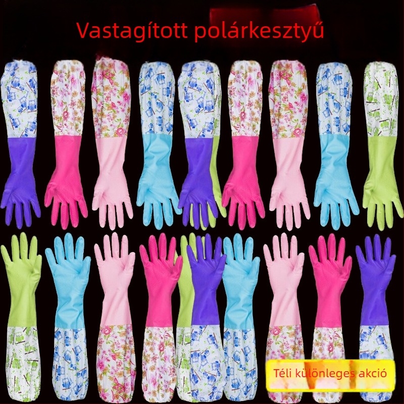 Polár béléses hosszú latex kesztyűk téli használatra, vízállóak, melegek, vastagítottak, széles mandzsettával, mosogatáshoz és házimunkákhoz