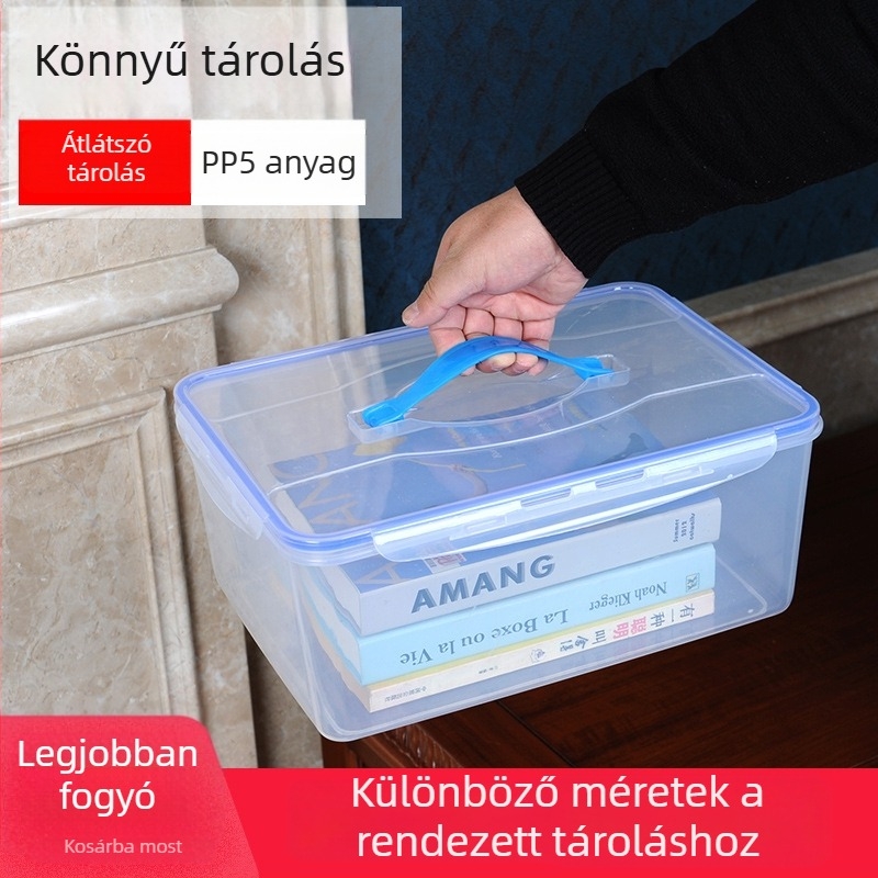 Élelmiszer-minőségű, nagy kapacitású átlátszó tároló doboz hűtőszekrényhez, csattos fedéllel