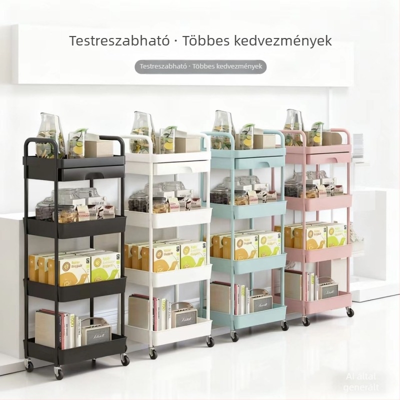 Mozgatható tároló kocsi fiókokkal, 3- vagy 4-szintes modell konyha és fürdőszoba számára
