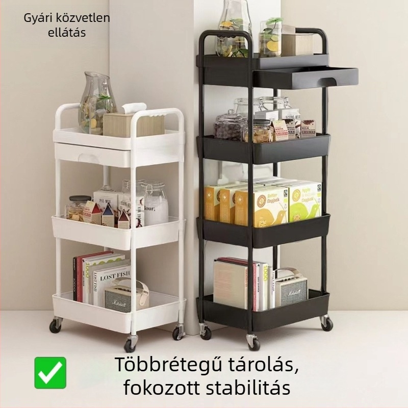 Mozgatható tároló kocsi fiókokkal, 3- vagy 4-szintes modell konyha és fürdőszoba számára