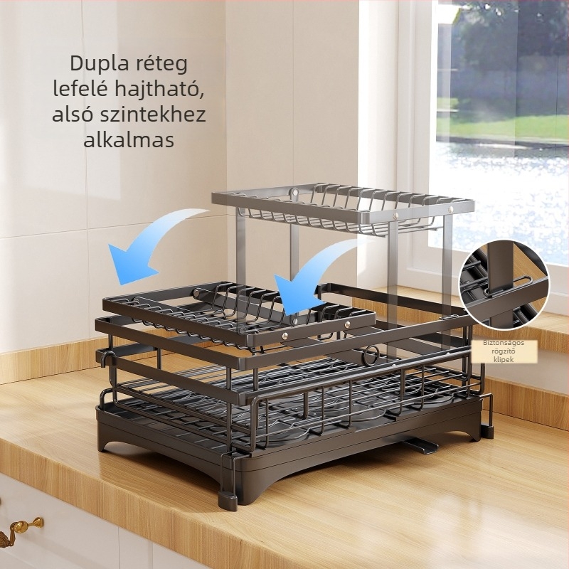 Összecsukható, kétszintes asztali edényállvány húzható résszel, evőeszközök szárítására