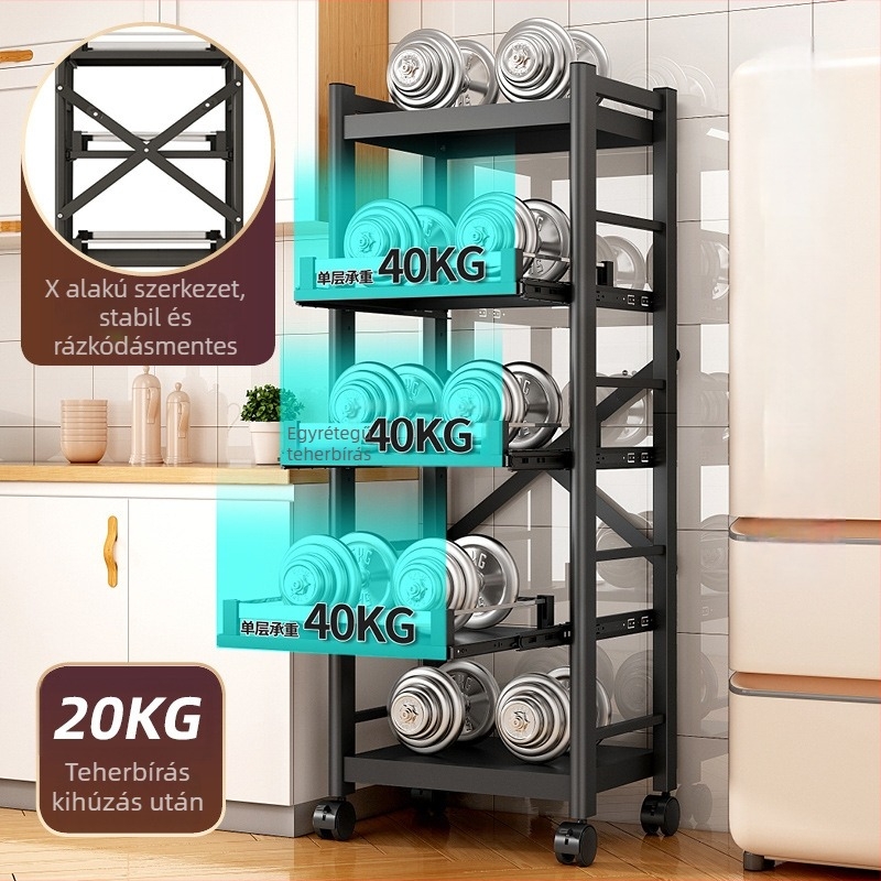 Kihúzható konyhai tárolókocsi, többemeletes, padlón álló, mozgatható