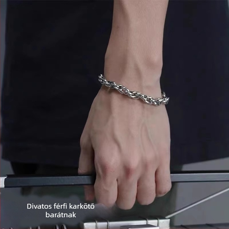 Uniszex kézzel készített vastag kötéllánc karkötő titánacél záróval, kubai lánc stílus