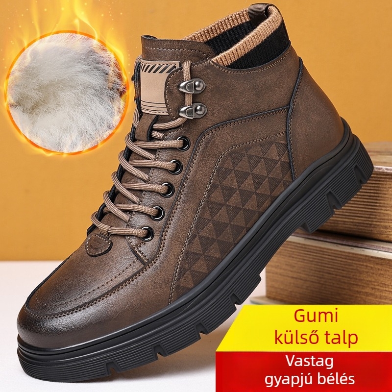 Férfi Martin bakancs fleece bélés, fekete bőr, brit stílusú, magas szárú, vastag talppal
