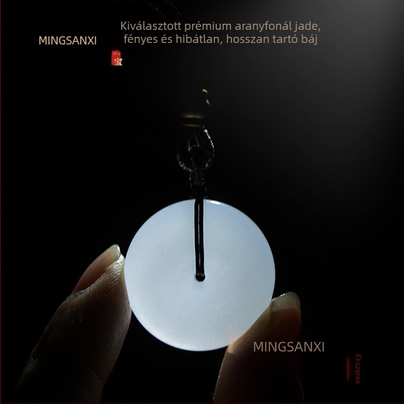 Természetes Hetian jade biztonsági csatolós medál nőknek, fehér jade, pár-stílusú, arany szálú nyaklánc, medál férfiaknak