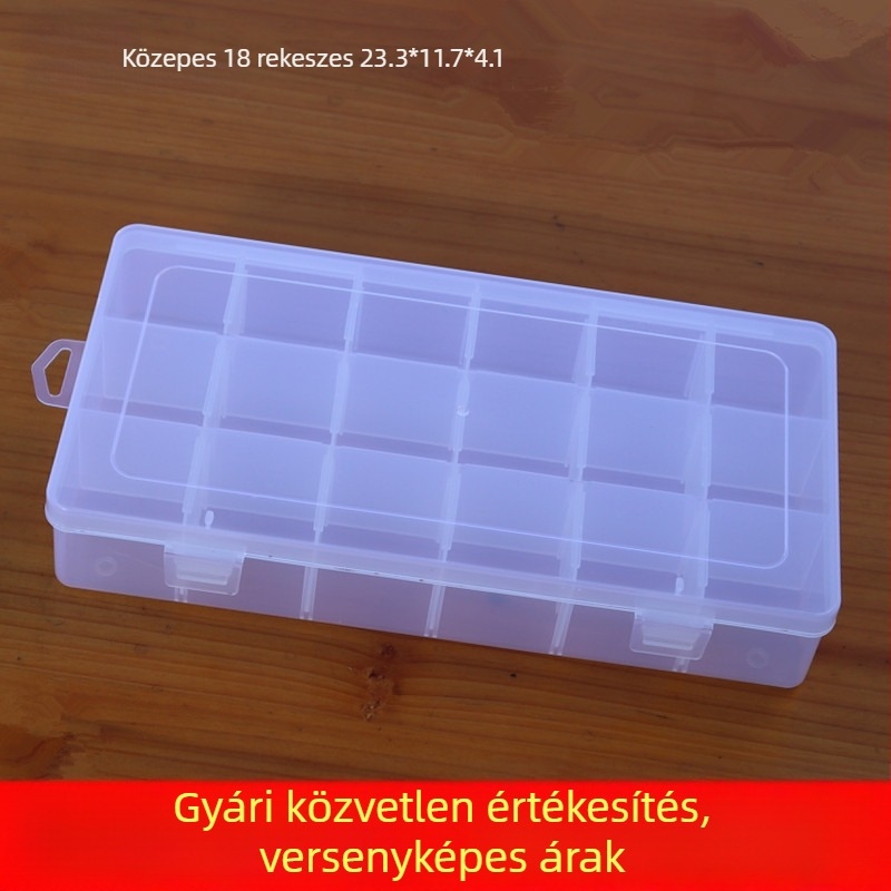 18 rekeszes átlátszó műanyag tárolóedény gyöngyöknek, ékszereknek és körömmanikűr mintáknak, valamint kisebb alkatrészekhez