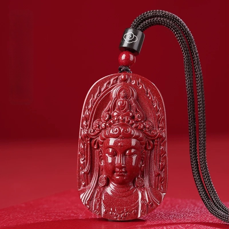 Férfi cinnabar Guanyin medál – Buddhista Bodhisattva nyaklánc