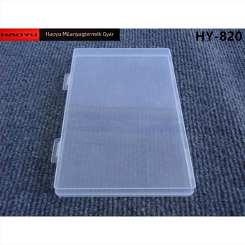 Átlátszó téglalap alakú PP tároló doboz fedéllel, méretei 18.5×12.5×1.8 cm, hardver kiegészítőkhöz
