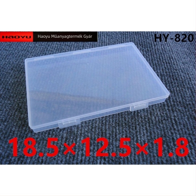 Átlátszó téglalap alakú PP tároló doboz fedéllel, méretei 18.5×12.5×1.8 cm, hardver kiegészítőkhöz