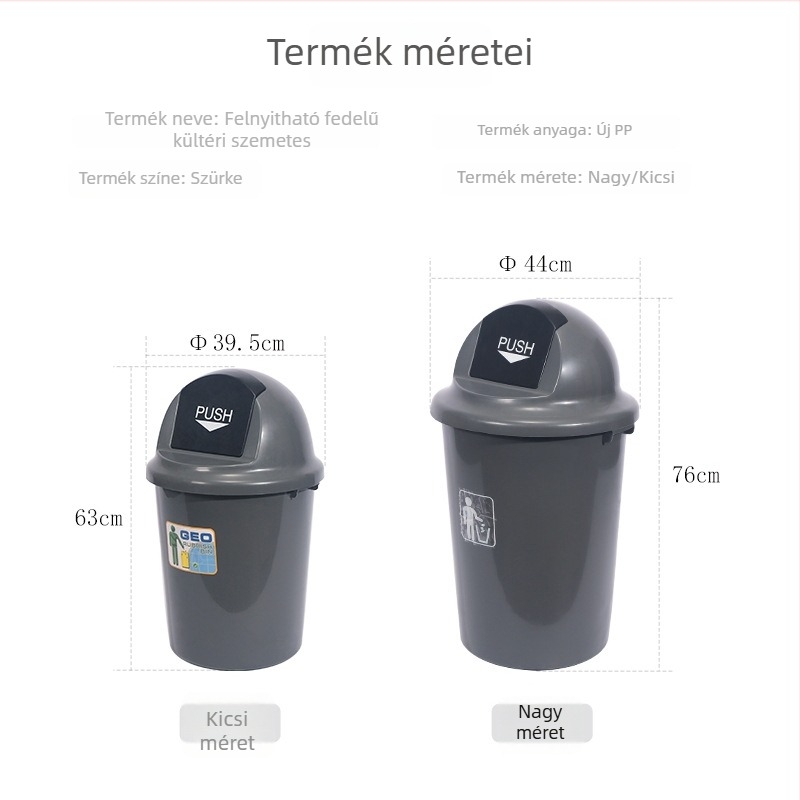 Nagy hengeres műanyag hulladékgyűjtő nyomógombos fedéllel - kültéri használatra, kapacitás 12 L vagy több