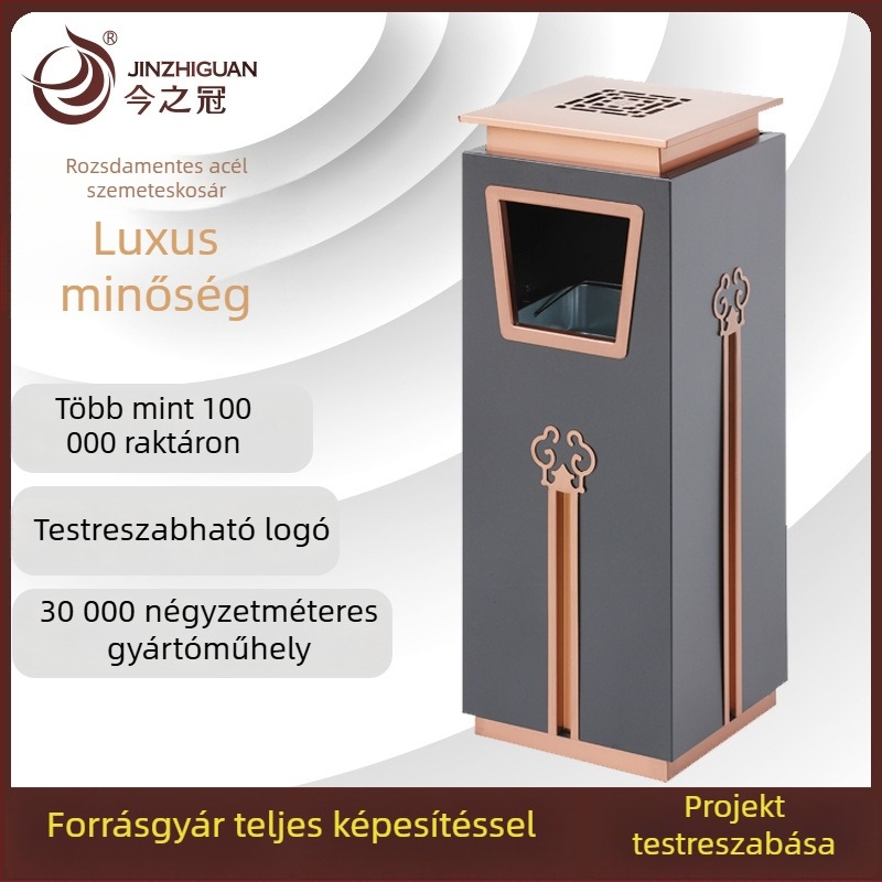 Testreszabott rozsdamentes acél kuka hamutartóval, szállodai előcsarnokhoz, liftbejárathoz, függőleges kialakítás