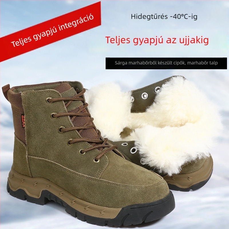 Férfiaknak készült első réteg marhabőrből készült vastag hócipő gyapjú bélésel, magas szárú téli Martin csizma, meleg