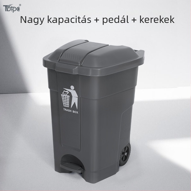 70 L pedálos szemetes kerékkel és fedővel, kültéri használatra, vastag falú kivitel