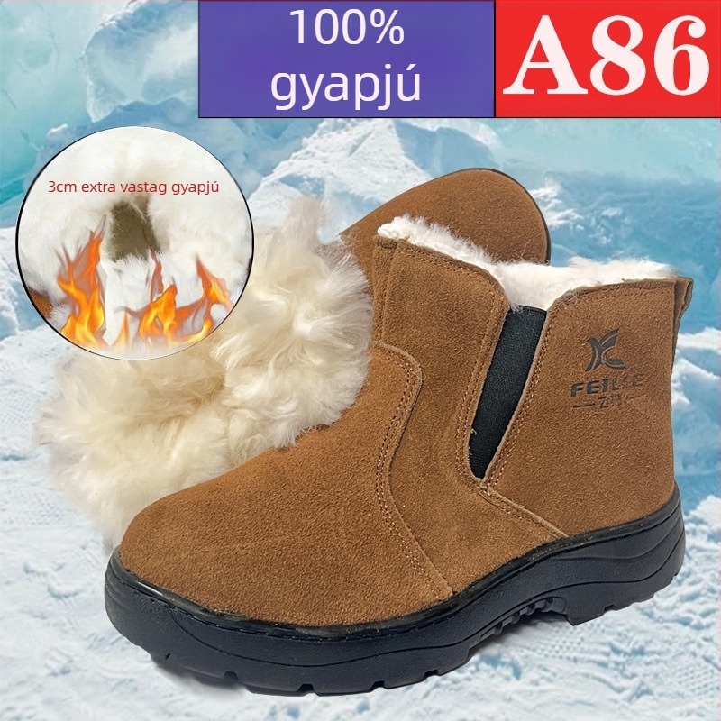 Férfi téli slip-on hócsizma gyapjú béléses, felső része marhabőrből, vastag és meleg