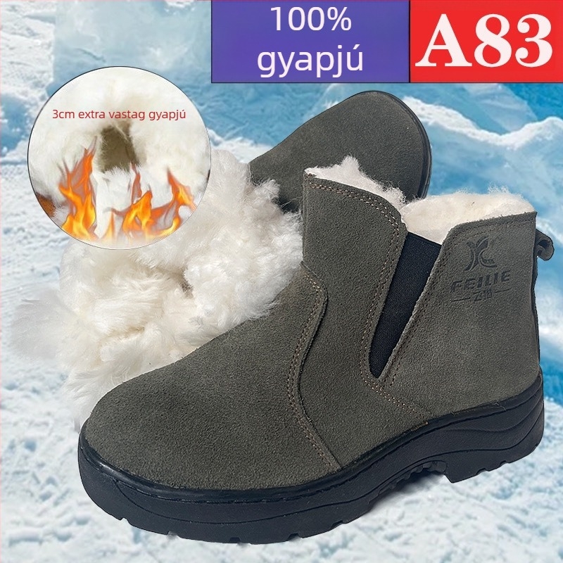 Férfi téli slip-on hócsizma gyapjú béléses, felső része marhabőrből, vastag és meleg