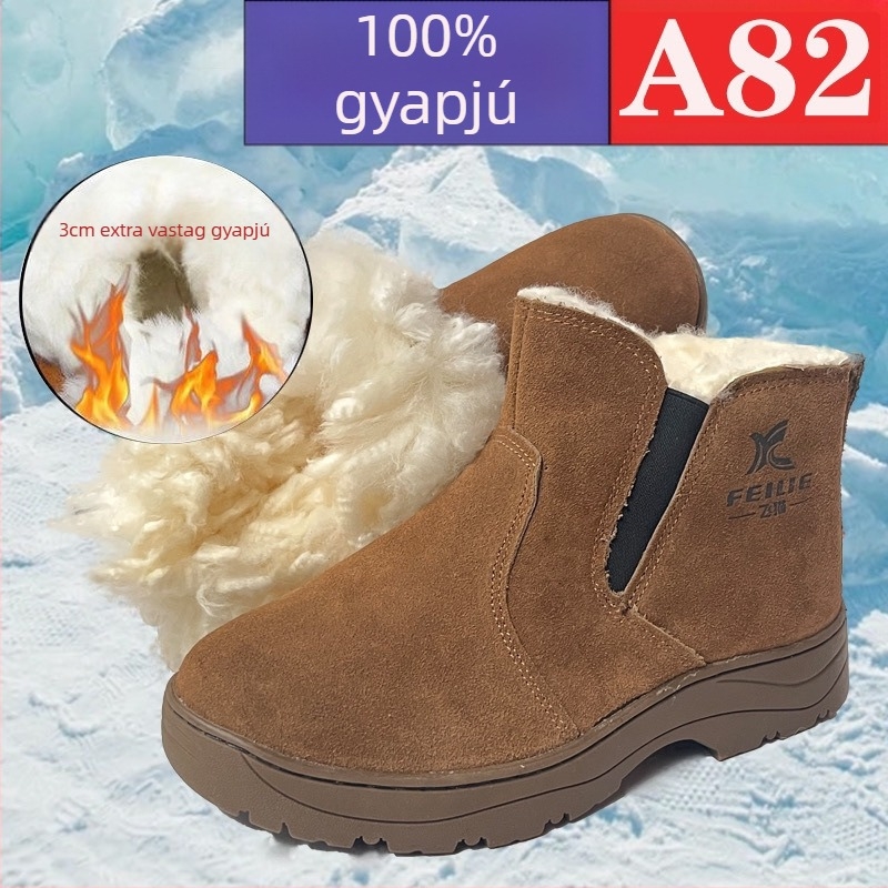 Férfi téli slip-on hócsizma gyapjú béléses, felső része marhabőrből, vastag és meleg