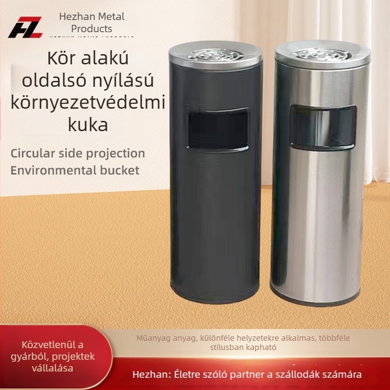 Vertical rozsdamentes acélból készült kör alakú, oldalsó nyílású hulladéktartó, szállodai előcsarnokhoz, 12L+
