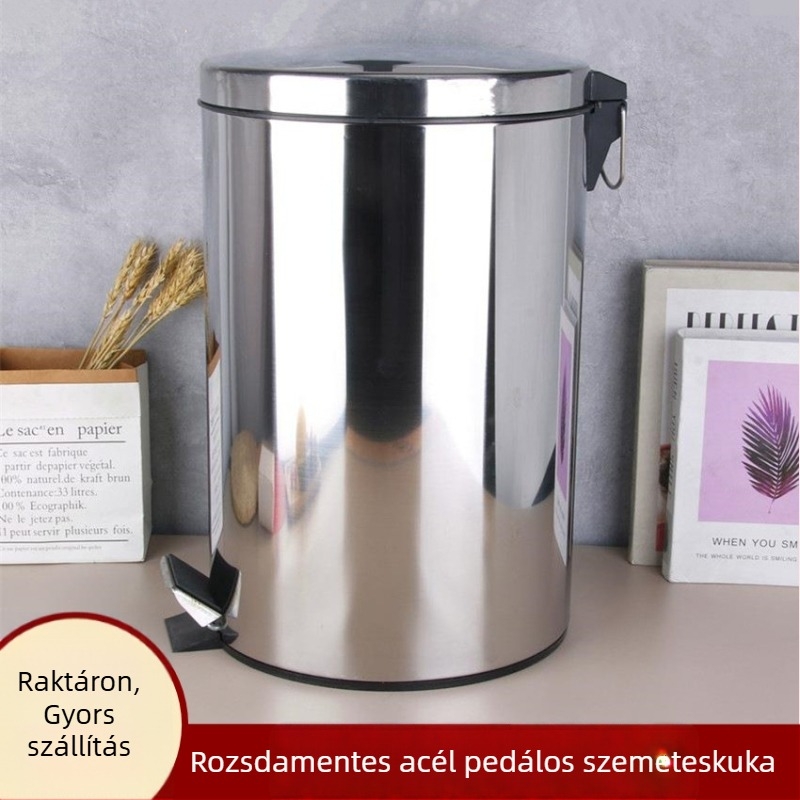 Rozsdamentes acél pedálos kuka, kör alakú konyhai kuka fedéllel, kapacitás 12 L felett