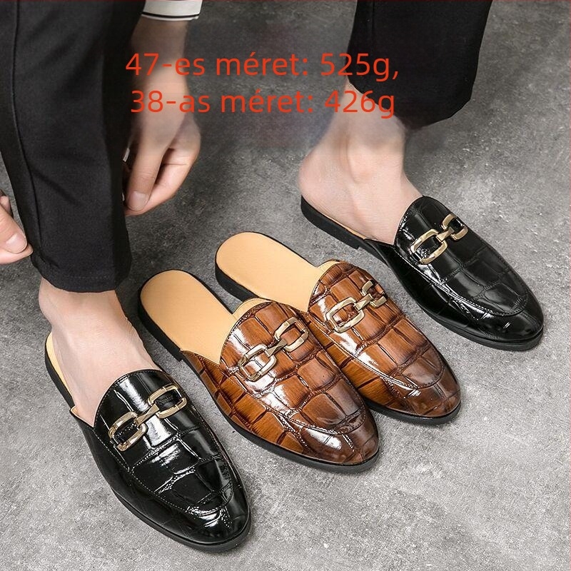 Férfi bőr félbackes slip-on mokaszli, brit stílus, kerek orrú, őszi 2025