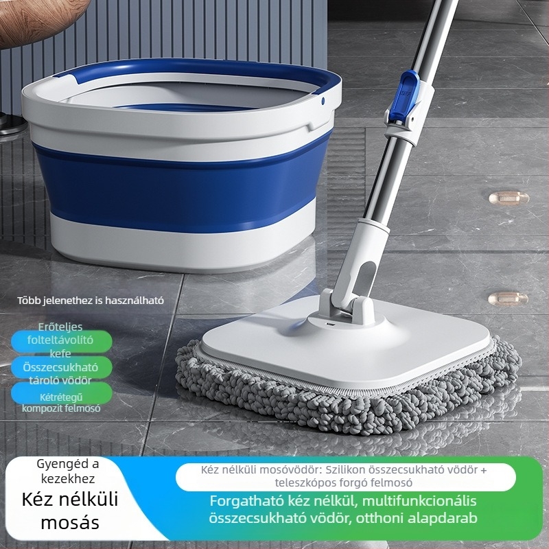 Összecsukható forgó mop szennyeződés elválasztással otthoni használatra, érintésmentes mosás, egy mozdulattal tiszta és gyors száradás