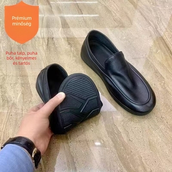 Férfiaknak felsőréteg bőrből készült elegáns mindennapi cipő, fekete, puha talppal, sokoldalú tavaszi stílus