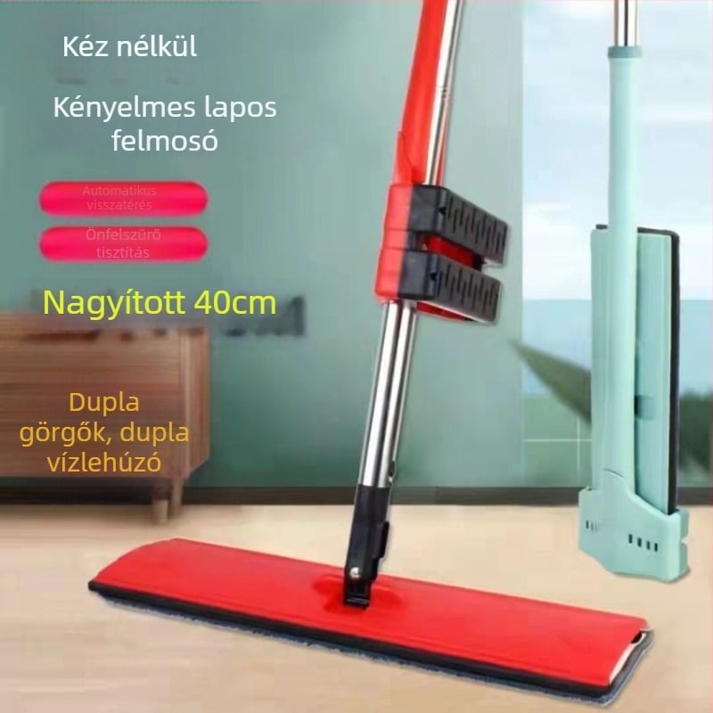 Nagy lapos felmosó háztartási használatra, érintés nélküli, száraz és nedves kettős használat, görgős kifacsaró mechanizmus