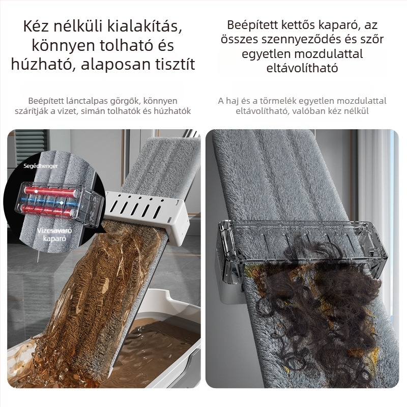 Nagy méretű, kézmosás nélküli lapos felmosó a száraz és nedves tisztításhoz, mikroszálas párnával és rozsdamentes acél rúddal