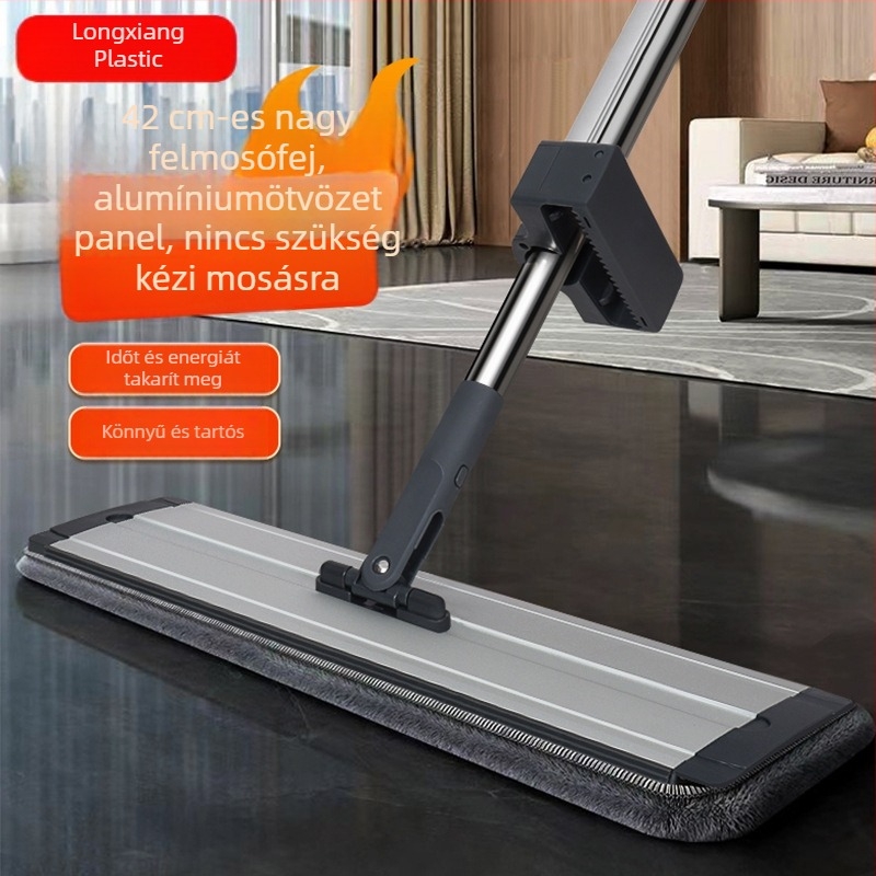 42 cm-es alumínium ötvözet lapos mop nagy panellel, teleszkópos nyél, kézi mosás
