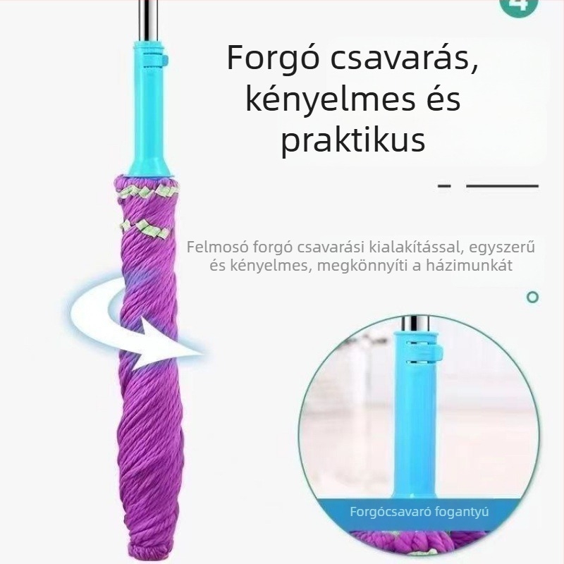 Érintés nélküli forgó felmosó automata kicsavaró mechanizmussal, mikroszálas fej, Rozsdamentes acélnyél, száraz és nedves takarításhoz