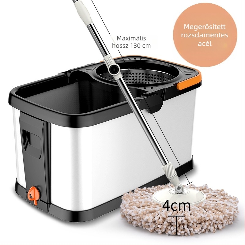 Kéz nélküli, két meghajtású mop vödör, kerékkel, rozsdamentes acél kosárral és 360°-os forgó mop rendszerrel