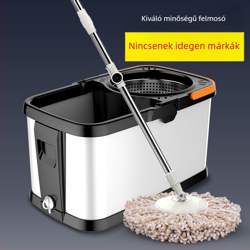 Kéz nélküli, két meghajtású mop vödör, kerékkel, rozsdamentes acél kosárral és 360°-os forgó mop rendszerrel