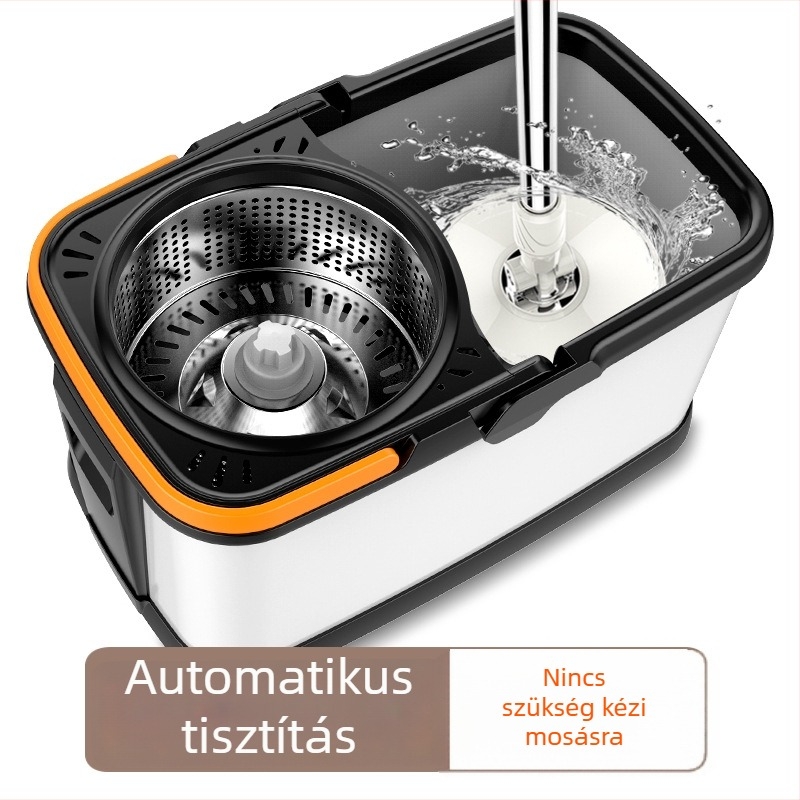 Kéz nélküli, két meghajtású mop vödör, kerékkel, rozsdamentes acél kosárral és 360°-os forgó mop rendszerrel