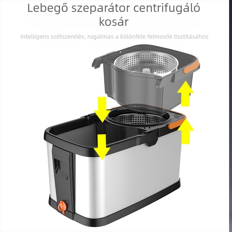 Kéz nélküli, két meghajtású mop vödör, kerékkel, rozsdamentes acél kosárral és 360°-os forgó mop rendszerrel