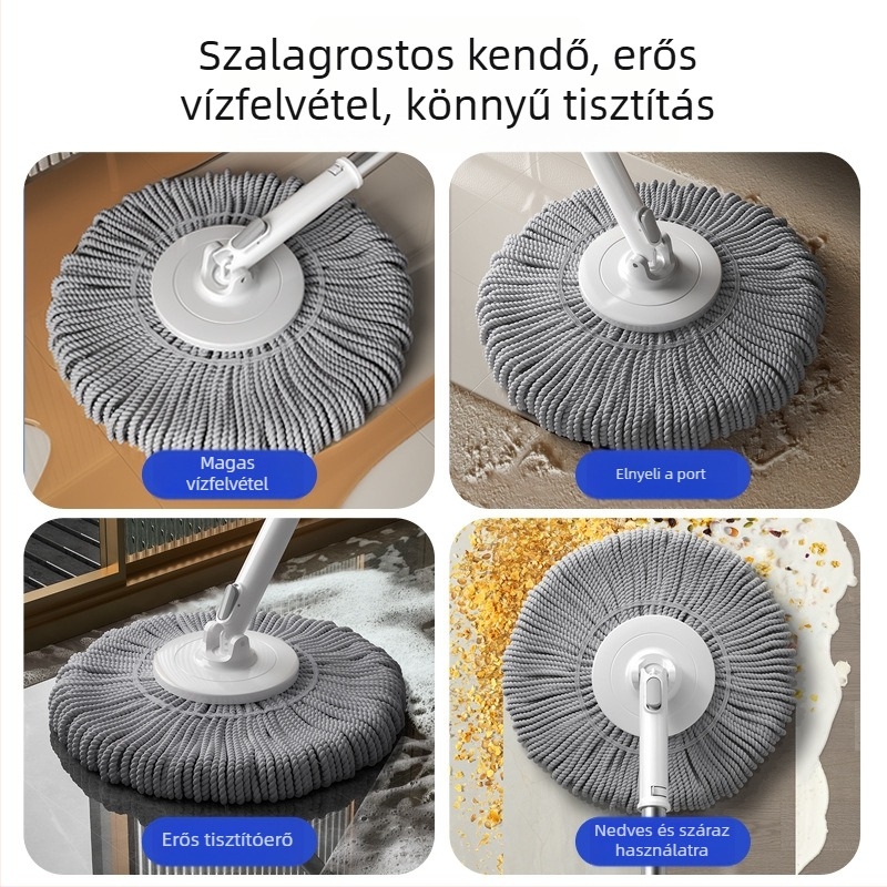 Új modell forgó mop nagy felülettel és magas nedvességfelszívással otthoni tisztításra, rozsdamentes acél nyél, teleszkópos hossz 120–140 cm, ultrafin rostok