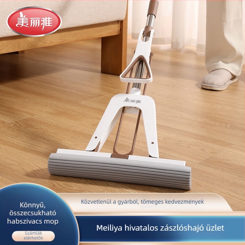 Összecsukható gumipamut mop háztartási használatra, rozsdamentes acél nyele, beépített klipekkel és integrált kinyomó mechanizmus