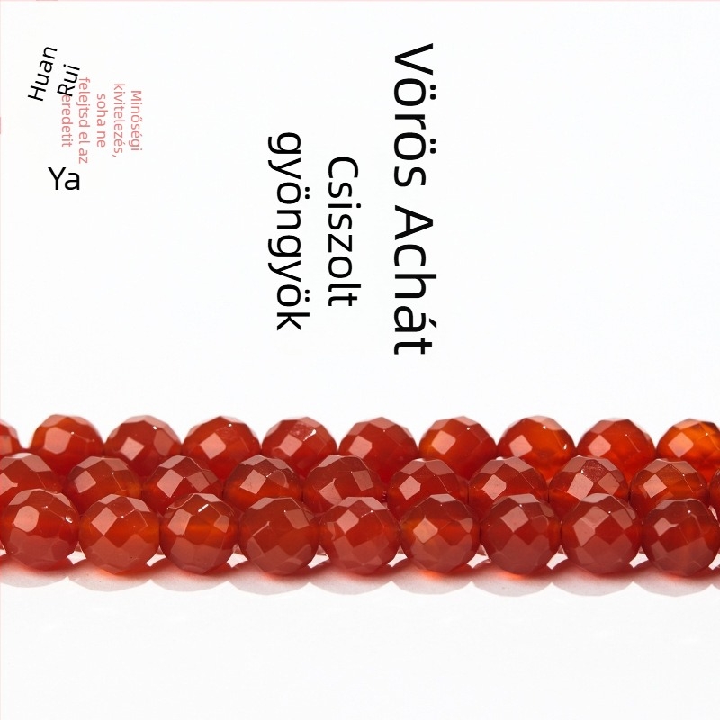 Vörös achát, 64-facetű kerek gyöngyök, DIY ékszerekhez, félkész
