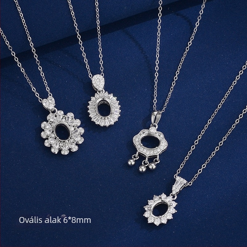 Női félkész nyaklánc tojás alakú 6×8 mm-es beépített kővel, S925 ezüst, DIY ékszerkészlet kulcscsonti lánchoz