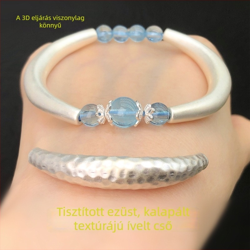S999 tiszta ezüst, ragyogó sima felület, kalapált mintázat, fél karkötő görbült csővel, kristály, kézzel készített DIY ékszerkiegészítő