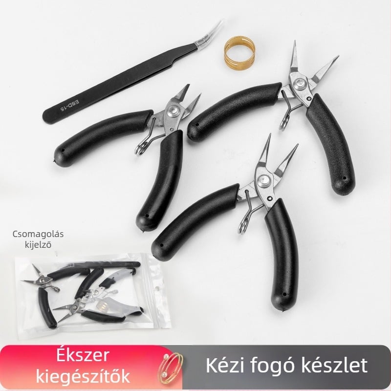 Ékszerkészítő eszközök készlet: hosszú orrú fogók, kerek orrú fogók, ferde orrú fogók és csipeszek