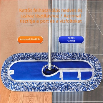 Kék-fehér csíkos, vastagított vászon, csavaros kapcsolattal, hosszabbító rúddal, nagy lapos felmosó a padlóra – ideális konyhák, közétkeztetés és otthoni használatra
