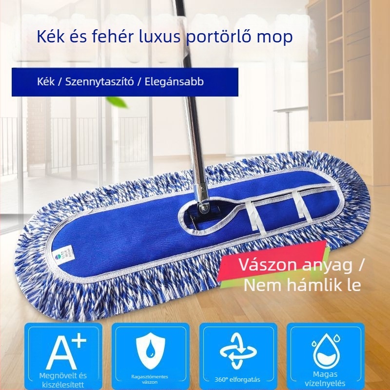 Kék-fehér csíkos, vastagított vászon, csavaros kapcsolattal, hosszabbító rúddal, nagy lapos felmosó a padlóra – ideális konyhák, közétkeztetés és otthoni használatra